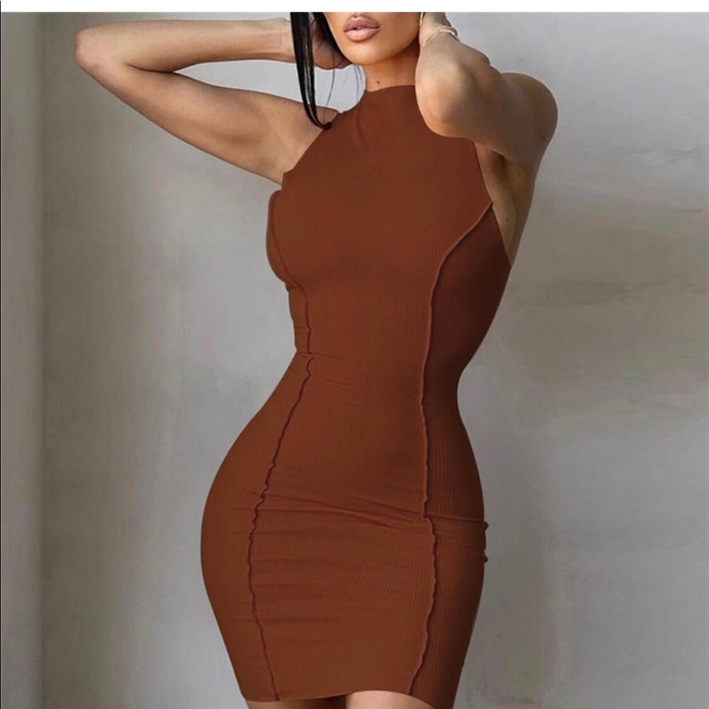Brown fitted dress. Come in sizes S,M,L